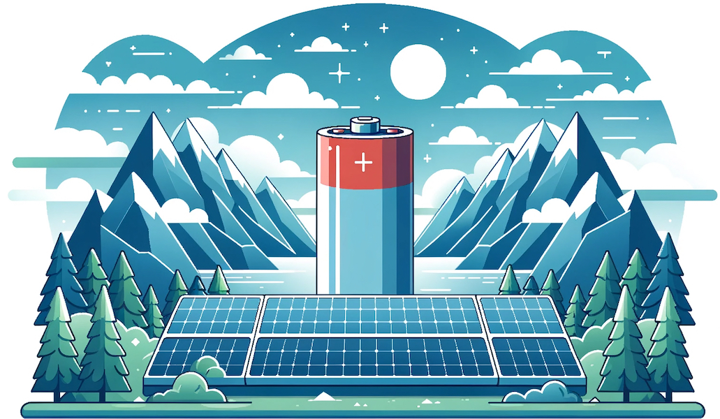 Illustration of a glowing battery at a mountain top