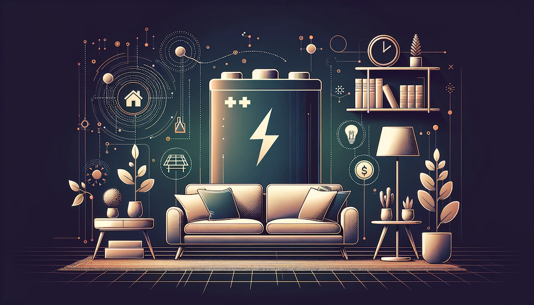 Illustration 16:9: A stylish living room setting with a prominent home energy battery subtly integrated into the design. The background transitions from a deep hue to a lighter shade. Abstract art motifs symbolizing energy and efficiency are present, along with subtle icons representing cost savings.