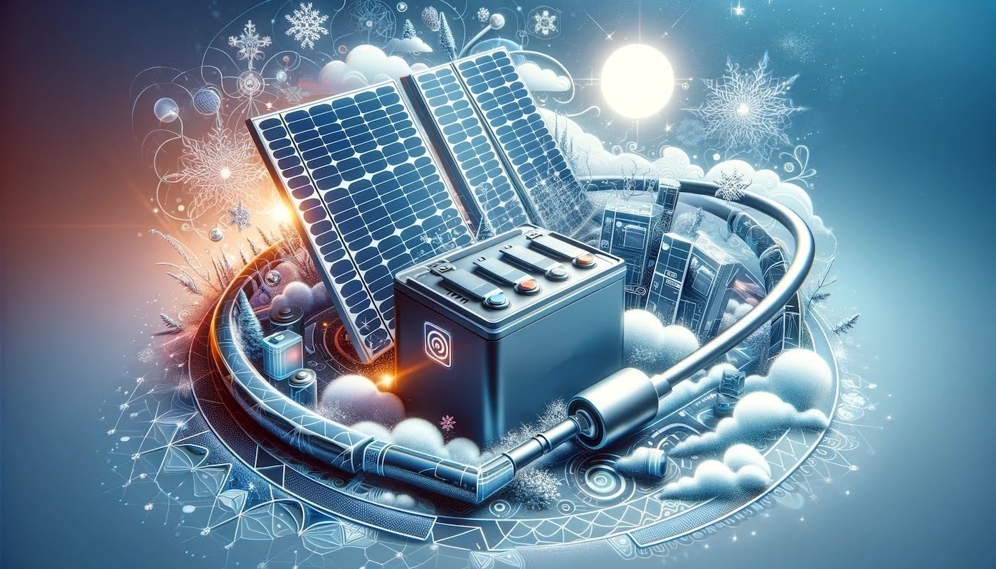 A conceptual and artistic representation of flexible tariff solar battery charging automation for winter in a 16:9 aspect ratio, suitable for a blog post. The image should feature a modern and stylized depiction of a solar panel and a battery, connected and symbolizing the integration of solar energy systems with home automation. The background includes subtle winter elements like snowflakes or frost, and the design should be adaptable to different color backgrounds. The overall feel is futuristic and innovative, focusing on renewable energy and smart technology, in JPEG format.