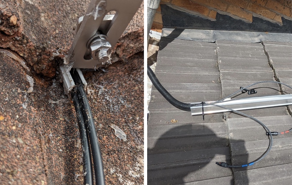 Photographs in of PV cables running in a cable tunnel under roof tiles and another example of cables running in trunking to a roof rail.