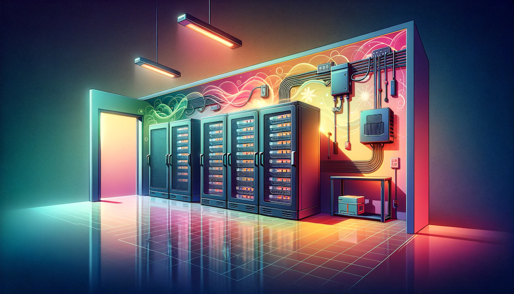 Create an illustrative and vibrant 16:9 image of a modern, tidy garage. The garage contains multiple server rack-style batteries lined up and interconnected. One wall of the garage has an inverter mounted on it. The background features a gradient that transitions from a deep, rich color at the bottom to a lighter shade at the top. Include abstract art motifs that convey energy and efficiency, as well as subtle icons that suggest the amplification of power. The overall feel should be clean, technological, and indicate the concept of energy storage in a residential setting.