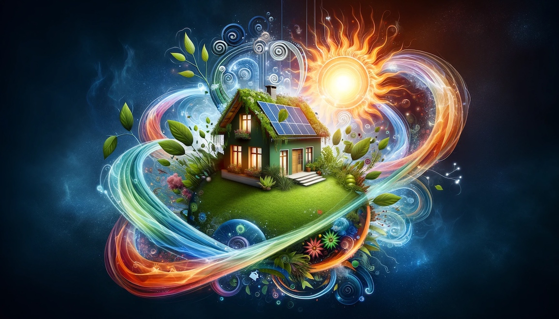 Creative illustration showcasing a house in harmony with nature, with energy swirls encapsulating it, symbolizing the solar transformation.