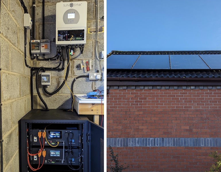 Two photograps. On the left side inverter, batteries and DC isolators. On the right, solar panels on a tiled roof.
