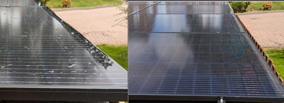 Image of nearly flat solar panels where rain water has collected at the bottom of the panel. Nex to it is the same image from later on, when the water has dired and the residues remained on the solar panels.