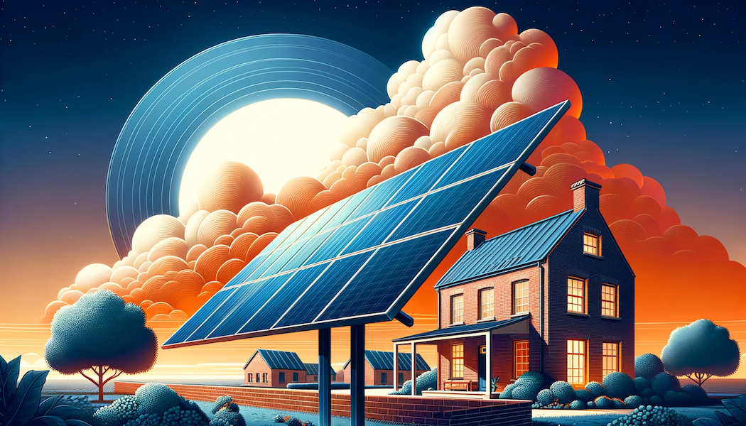 Illustration of a Solar panel on a stand in front of residential houses. The image is artsy and conceptual on a dark sky background.