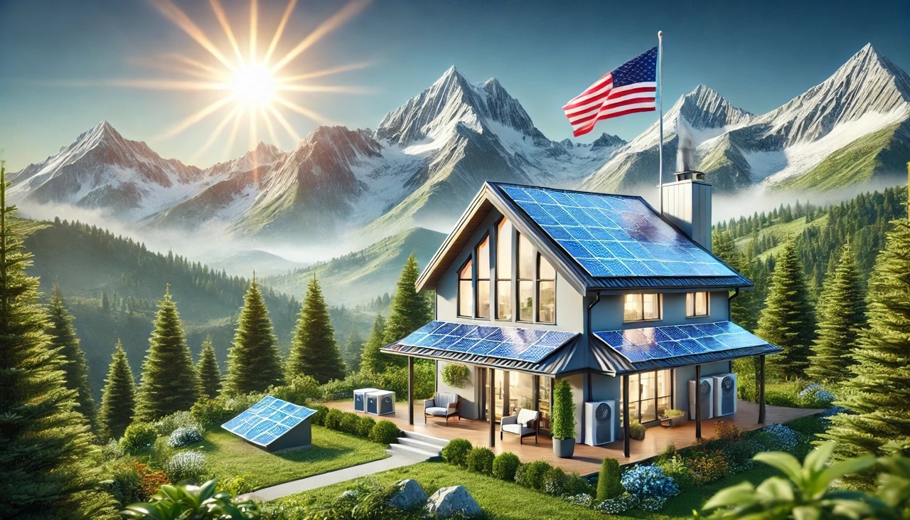 Modern home with solar panels on its rooftop set in a stunning mountainous environment. The home is surrounded by lush greenery, trees, and vibrant plants. An American flag on a flagpole is subtly integrated into the scene, depicting 50 stars and the correct number of stripes. The image conveys renewable energy, environmental benefits, and a clean, green future.