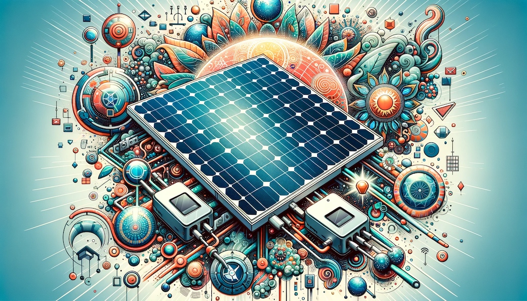 Illustrative artsy depiction of solar power optimisers as compact electronic devices attached to the back of a solar panel, surrounded by abstract symbols representing energy and optimization.