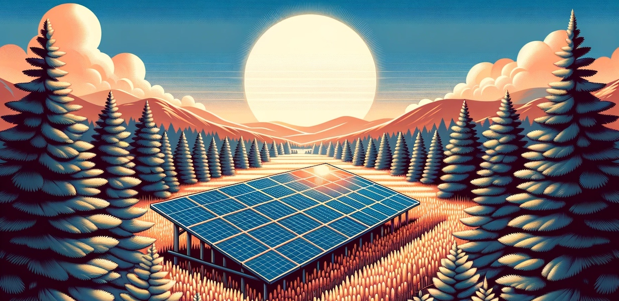 Solar panels in the forest, illustration