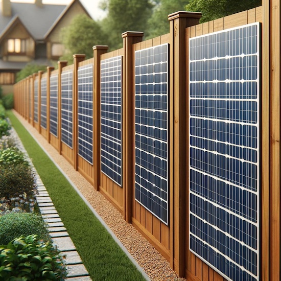 Eco-friendly residential wooden fence integrating uniform solar panels throughout, demonstrating sustainable energy solutions in home design