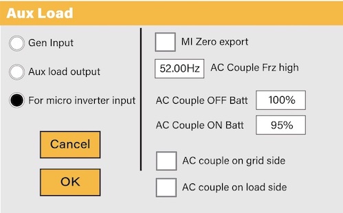Digital interface for configuring an Aux Load port, highlighting the option to select 'For micro inverter input,' suggesting the inverter's compatibility with microinverter connections. Also features settings for export controls and battery parameters, with 'Cancel' and 'OK' buttons for finalizing adjustments.
