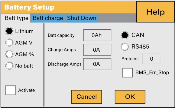 The image features a "Battery Setup" interface with three tab options at the top: "Batt type," "Batt charge," and "Shut Down." The "Batt type" tab is selected and displays options for "Lithium," "AGM V," "AGM %," and "No batt," with radio buttons next to each, and only "Lithium" is selected. There is also an unchecked checkbox labeled "Activate." On the right side of the interface, there are fields for "Batt capacity," "Charge Amps," and "Discharge Amps," all currently set to "0Ah" and "0A" respectively. Above these fields are two radio buttons labeled "CAN" and "RS485," with "CAN" selected. Below them, there's a field labeled "Protocol" with a value of "0," and an unchecked checkbox labeled "BMS_Err_Stop." At the bottom of the interface are two buttons: "Cancel" in orange and "OK" in yellow. A "Help" button is located at the top right corner, suggesting user assistance is available.