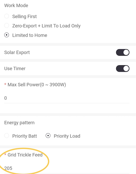 A screenshot from Sunsynk's mobile app for inverter configuration management. The value for Grid Trickle Feed is highlighted by an orange ellipse