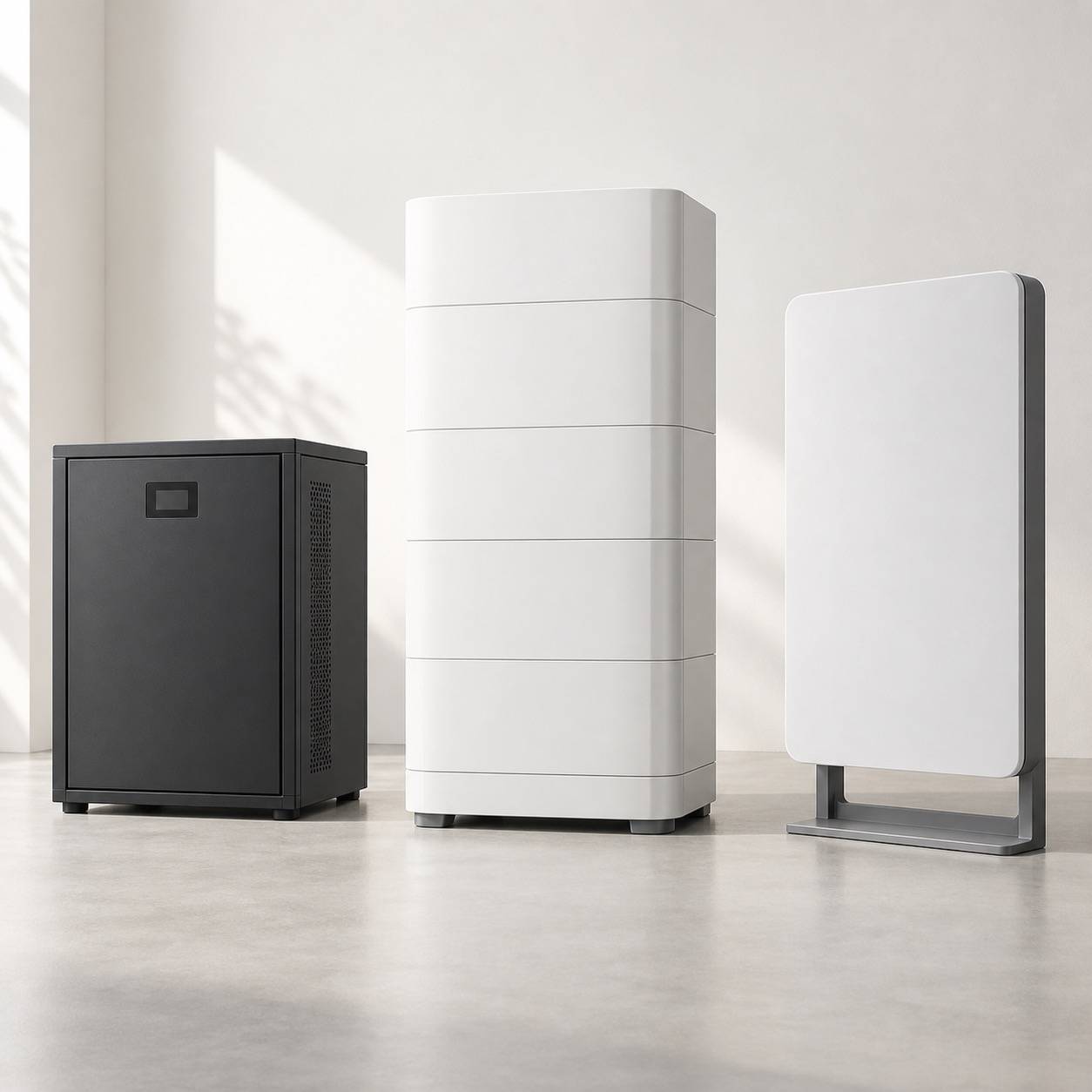 Three sealed, disconnected battery enclosures: a rack cabinet, a modular tower and a slim wall-style unit.