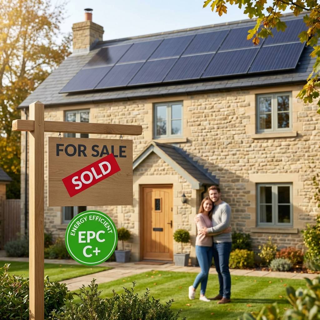Sold sign on UK home with Energy Efficient badge