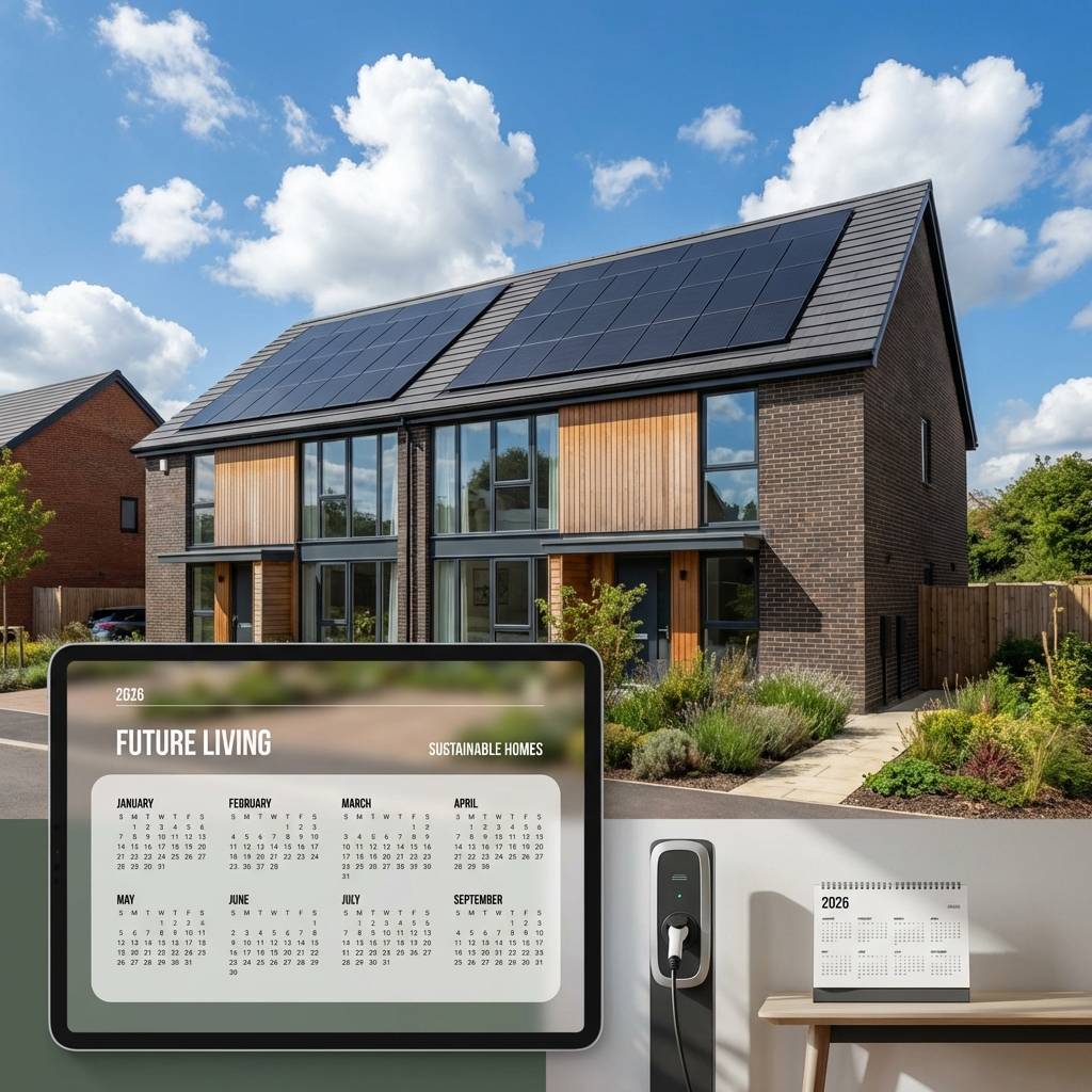 Modern UK home with solar panels and 2026 calendar overlay