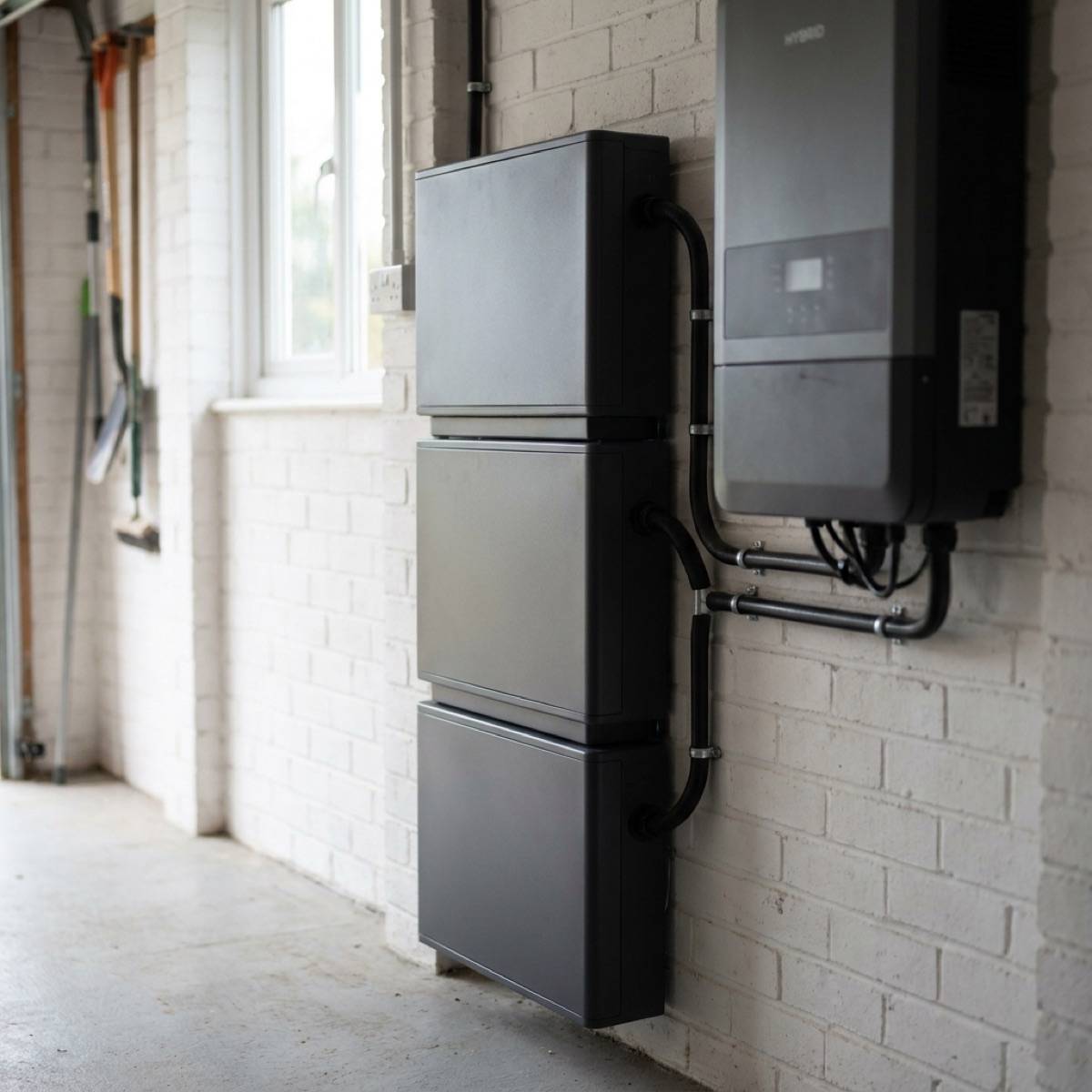 Three modular home battery units stacked on a garage wall beside a hybrid inverter