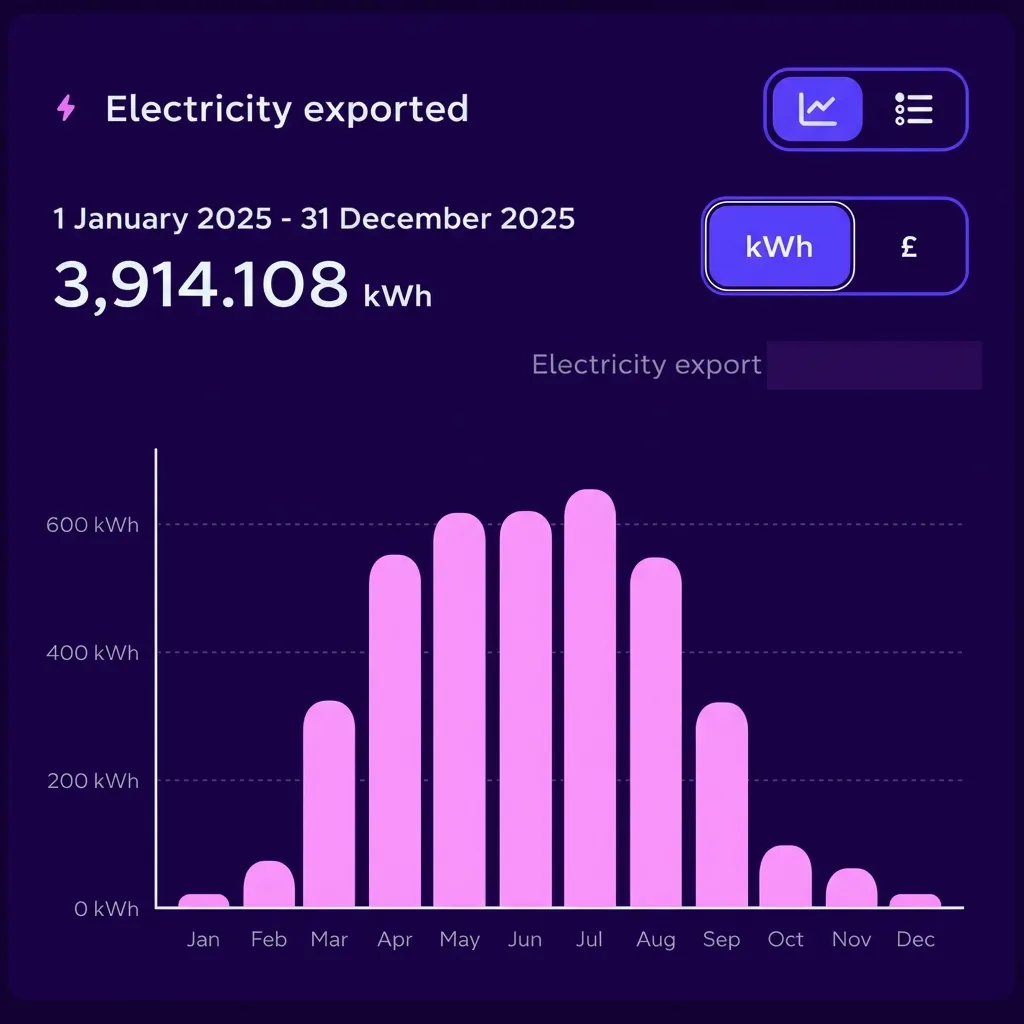 2025 Solar Export showing 3,914 kWh exported - full optimised year