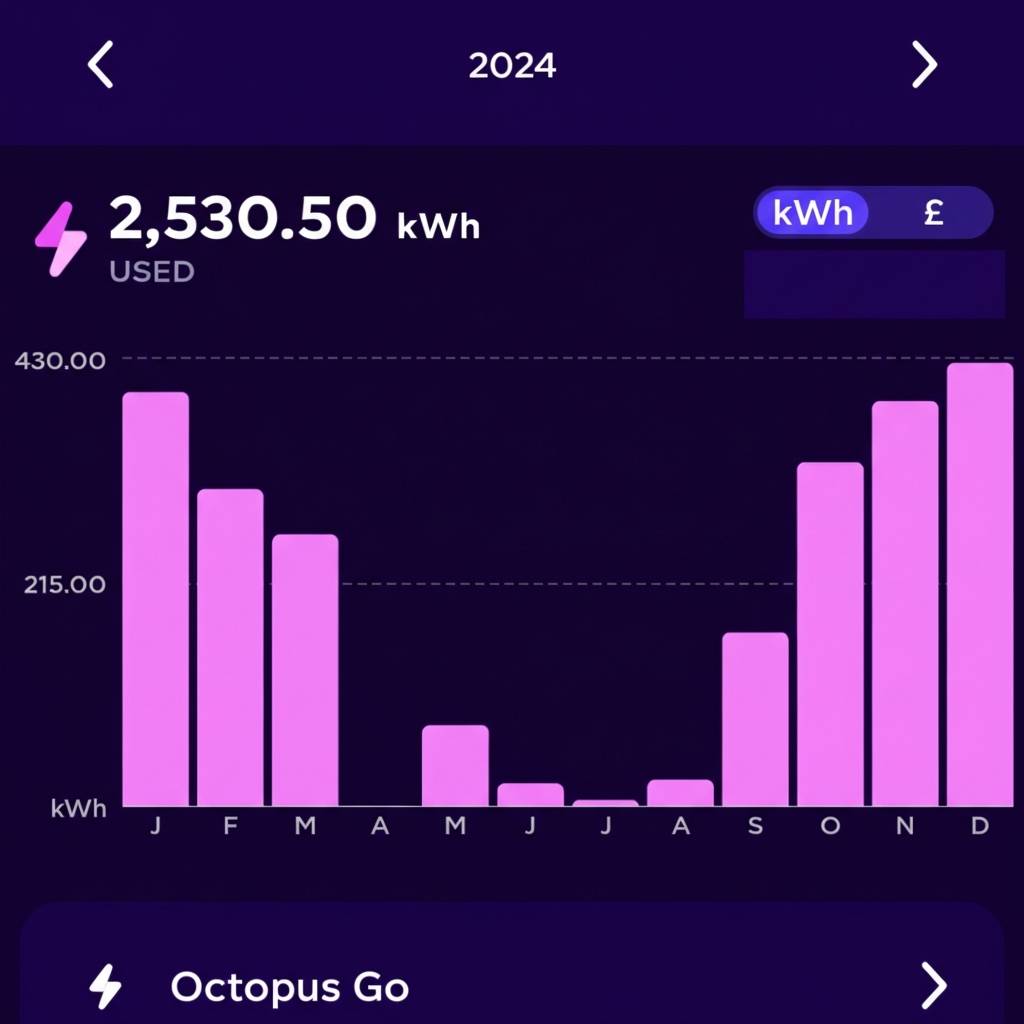 Octopus Energy 2024 usage graph showing U-shape low summer consumption