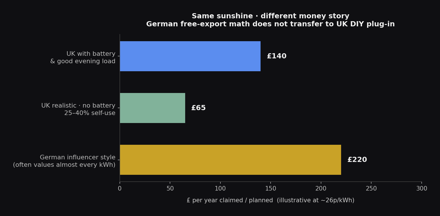 Chart comparing German influencer style annual savings claims with realistic UK no-battery and with-battery bands