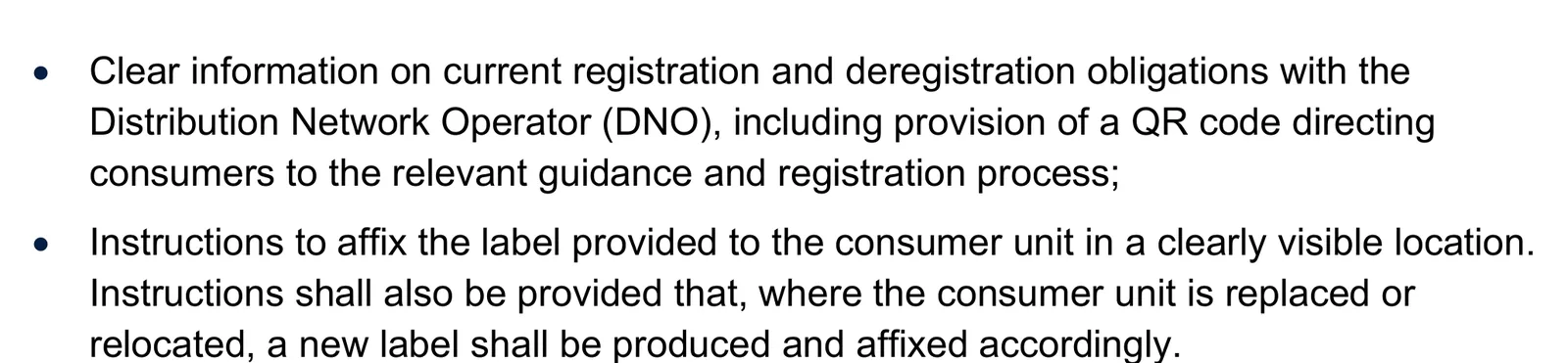 Extract from the UK interim specification requiring clear DNO registration information with a QR code and a durable label affixed to the consumer unit.