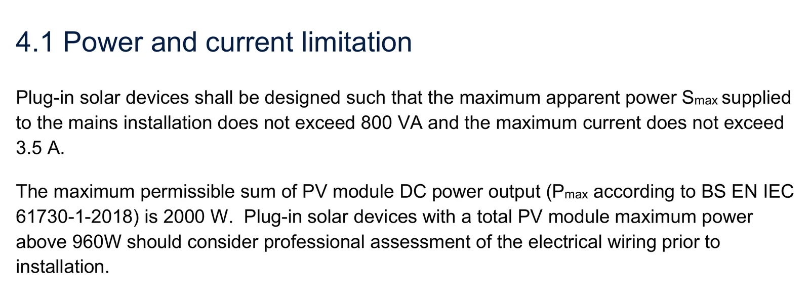 Extract from the UK interim product specification: maximum 800 VA apparent power, 3.5 A current, 2,000 W total PV module power, professional assessment advised above 960 W.