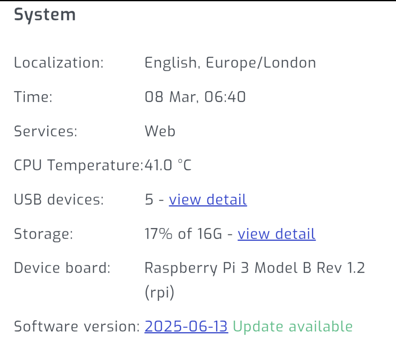 Solar Assistant Software Update Option Solar Assistant System page showing software version and green Update available link on Raspberry Pi
