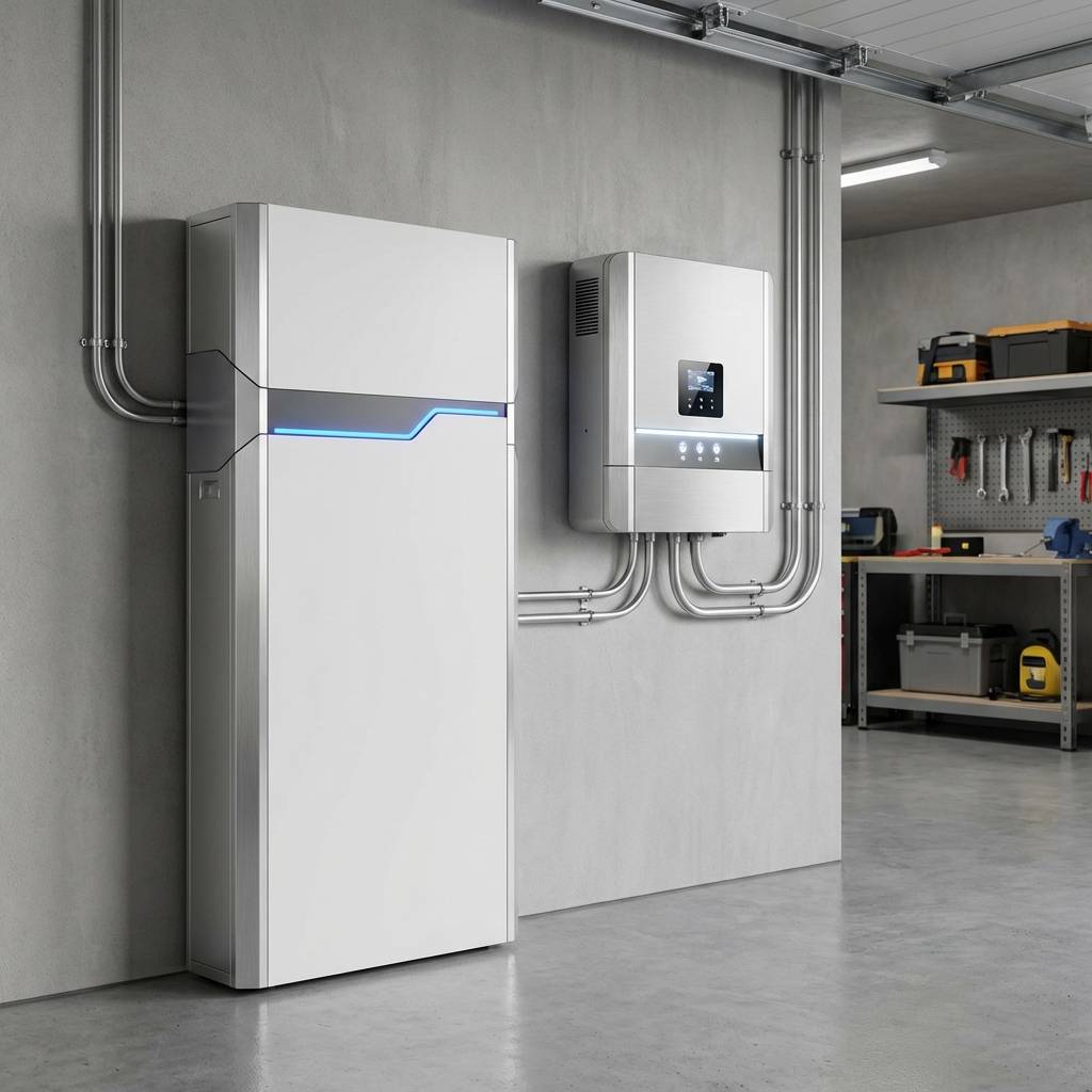 Modern home battery storage unit next to inverter