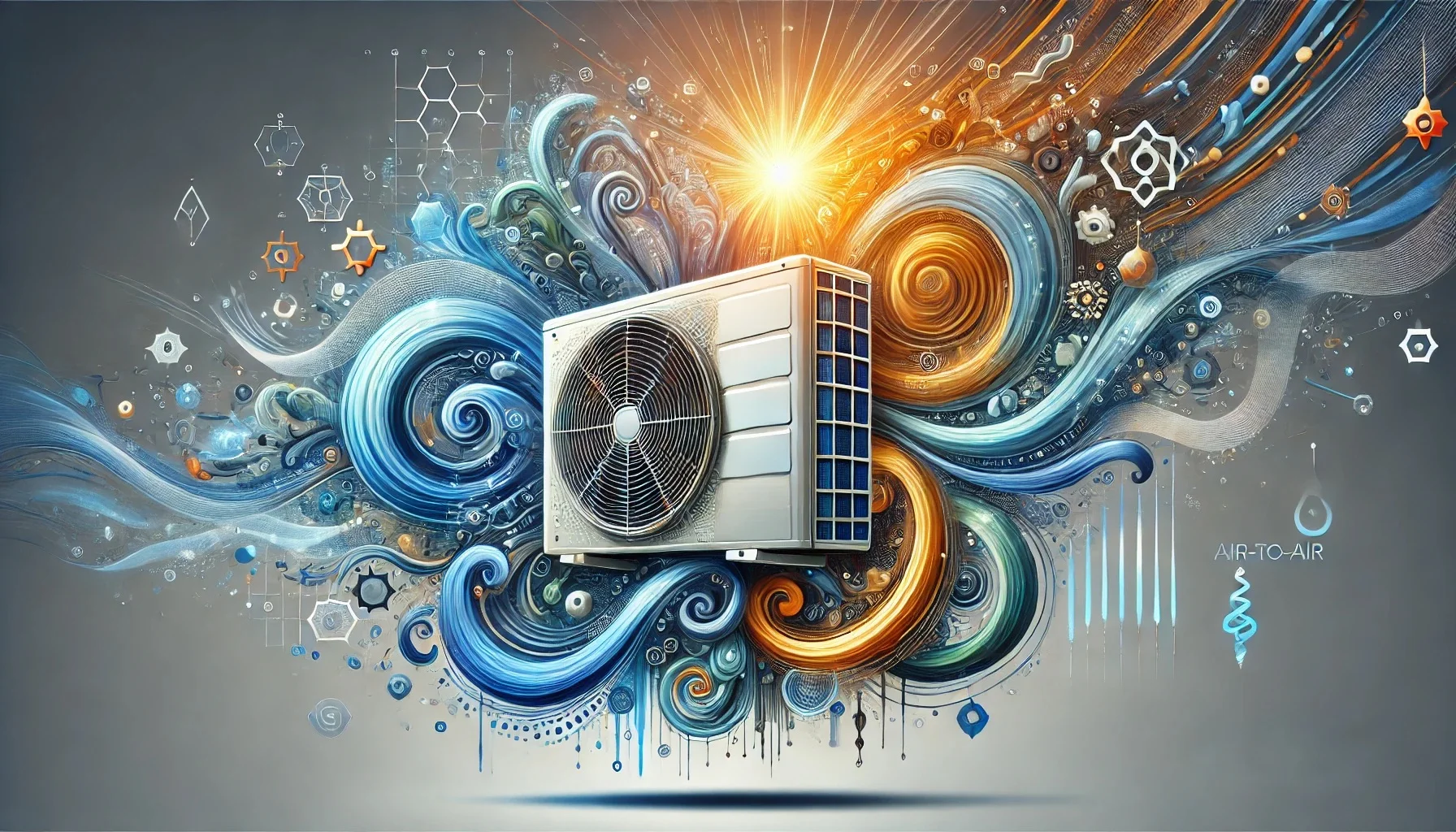 air to air heatpump Artsy image of air-to-air heat pumps with swirling air currents and heat waves, resembling an air conditioner.