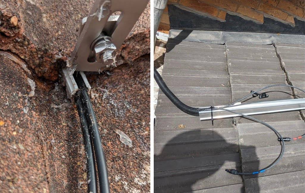 cable management examples Photographs in of PV cables running in a cable tunnel under roof tiles and another example of cables running in trunking to a roof rail.