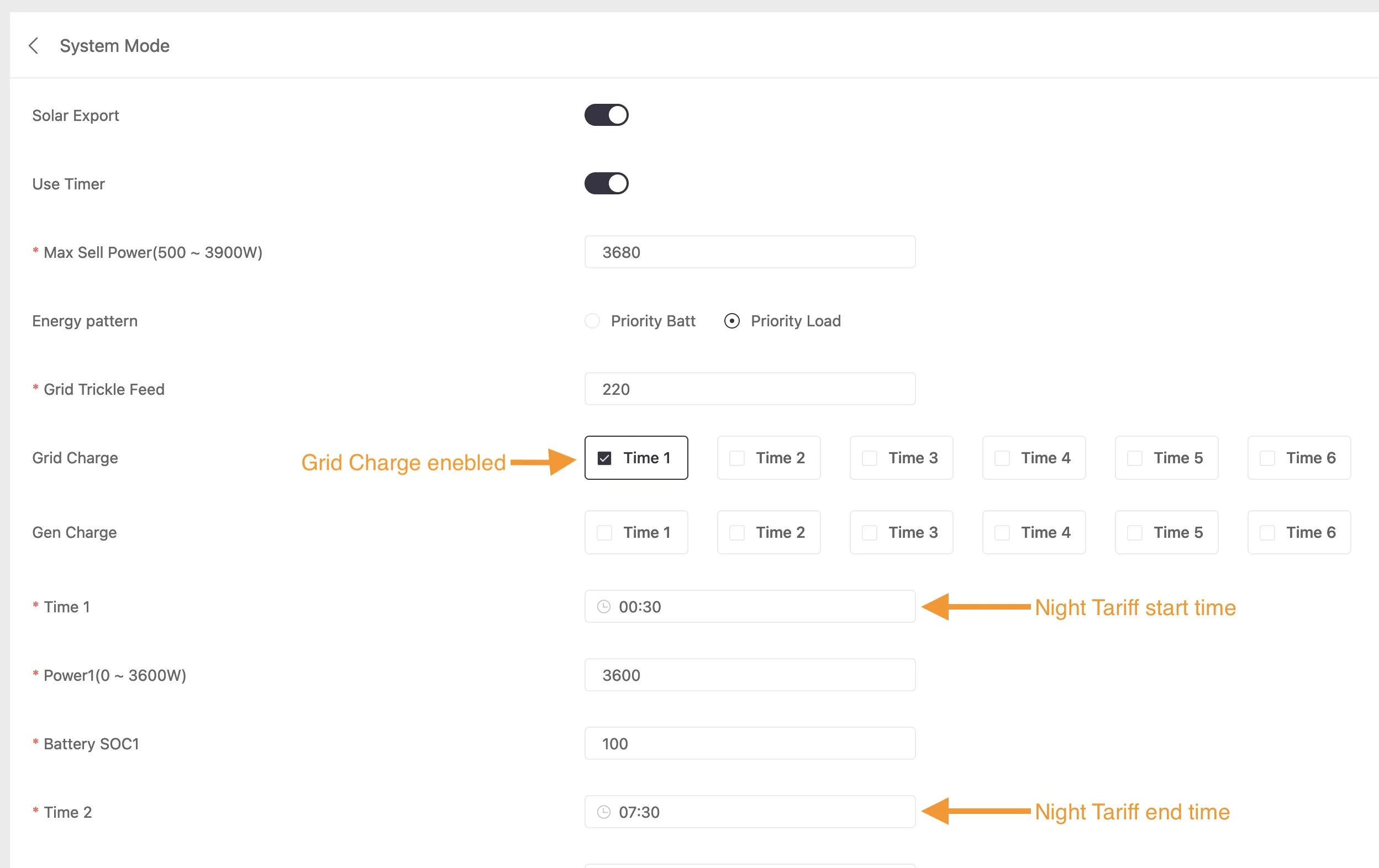 Sunsynk System Mode setting, configuring the SOC and time slots. Interface snapshot of an inverter system settings panel showing options for solar export, grid charge scheduling, and setting night tariff times for efficient energy management.