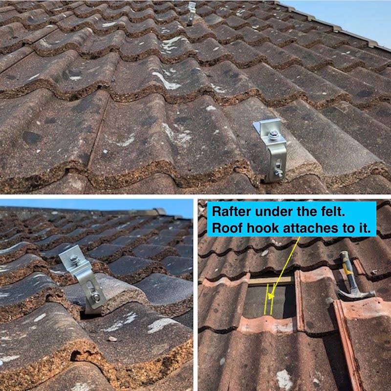 roof hoos photo Simple diagram of solar panels mounting roof hook, closeup. A hook for pantiles without adjustments. White on black sketch, shwoing 2 hooks on 2 rows of tiles.