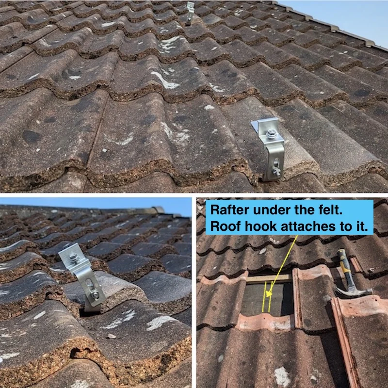 Simple diagram of solar panels mounting roof hook, closeup. A hook for pantiles without adjustments. White on black sketch, shwoing 2 hooks on 2 rows of tiles.
