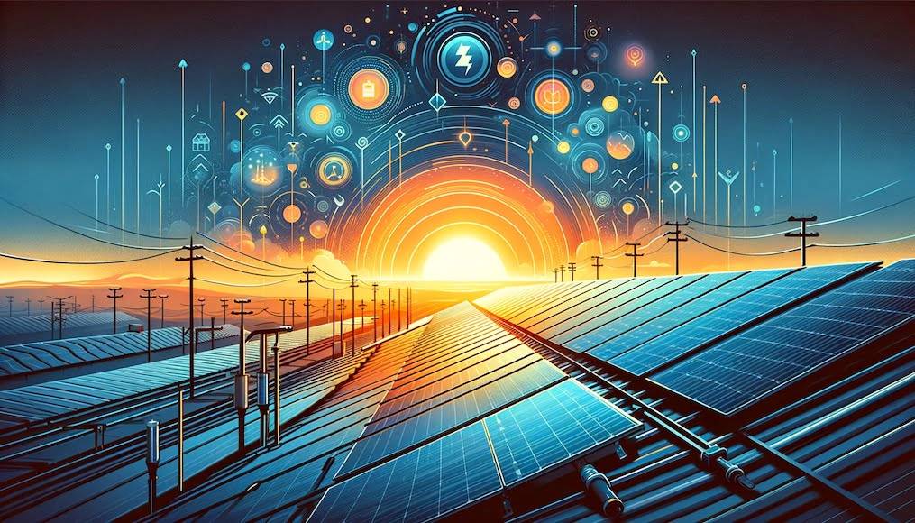 roof with panels full Illustration in 16:9 aspect ratio: A rooftop prepared for solar panel installation with visible hooks and rails against a sunset sky. The background features a gradient transitioning from deep blue to orange, evoking the time of day when solar energy transitions to stored power. Abstract art motifs that suggest energy flow and efficiency are integrated, with subtle icons implying the potential for power increase. The imagery should convey a sense of readiness and potential, blending practical preparation with a touch of the artistic.