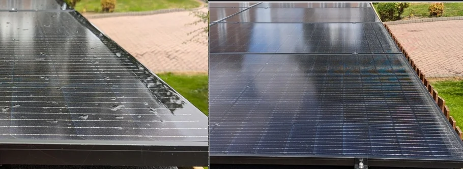 six degree tilt panels collecting dirt Image of nearly flat solar panels where rain water has collected at the bottom of the panel. Nex to it is the same image from later on, when the water has dired and the residues remained on the solar panels.