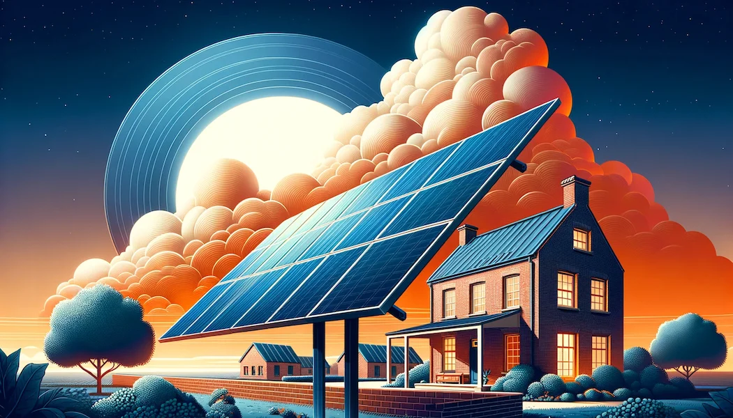 solar energy lifestyle full Illustration of a Solar panel on a stand in front of residential houses. The image is artsy and conceptual on a dark sky background.