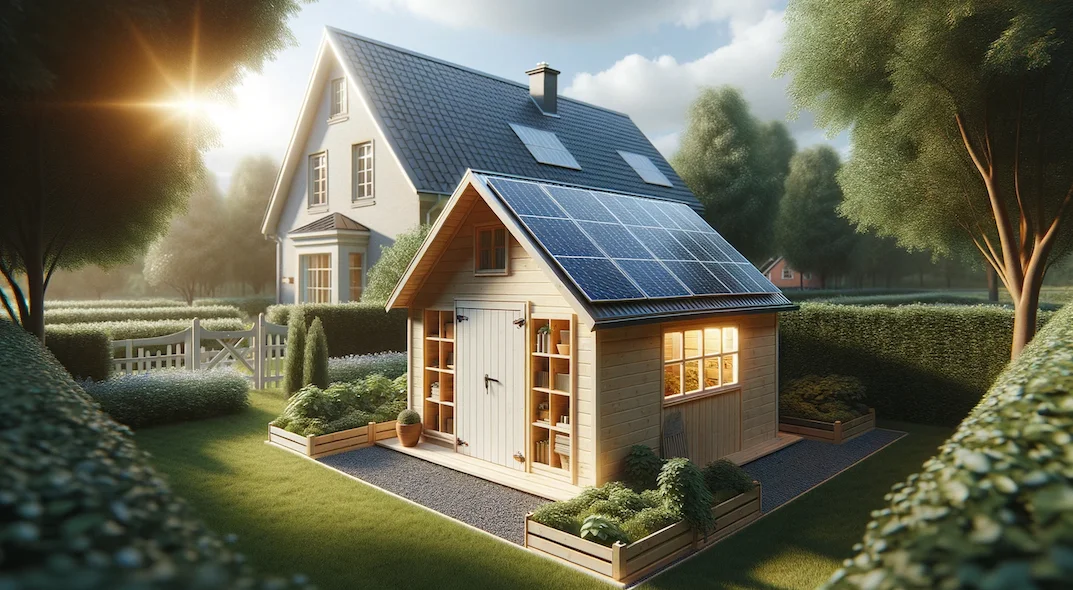 Solar Shed Illustration of a wooden shed with solar panels on the roof in front of a big house.