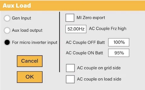 Digital interface for configuring an Aux Load port, highlighting the option to select 'For micro inverter input,' suggesting the inverter's compatibility with microinverter connections. Also features settings for export controls and battery parameters, with 'Cancel' and 'OK' buttons for finalizing adjustments.