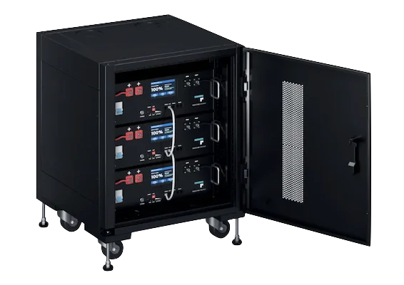 An image of a server rack type battery comprising of 3 battery units in a server rack. The door is pen and we can see the batteries inside.