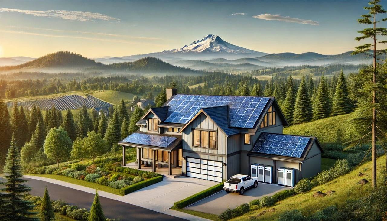 Modern home with solar panels on its rooftop, set in a lush, green Oregon landscape with clear skies. A visible battery storage system is on the side of the house. The background features evergreen trees, rolling hills, and a distant view of Mount Hood. The image conveys renewable energy, energy storage, and financial incentives, with clear and professional visuals.