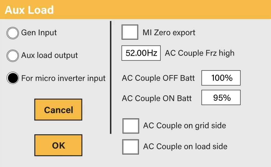 The microinverters subsection of the Sunsynk menu, used to configure AC input from microinverters and string inverters