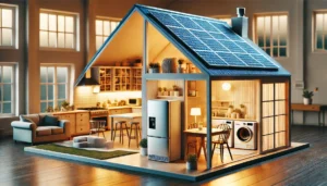 Modern house with solar panels on the roof, appliances running inside, symbolizing energy efficiency and sustainability, with no people present.